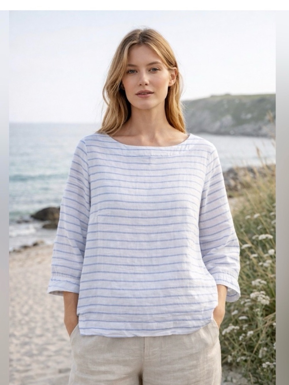 Martha Stewart Lightweight Breathable Linen White Top Soft Blue Stripes Sz XL